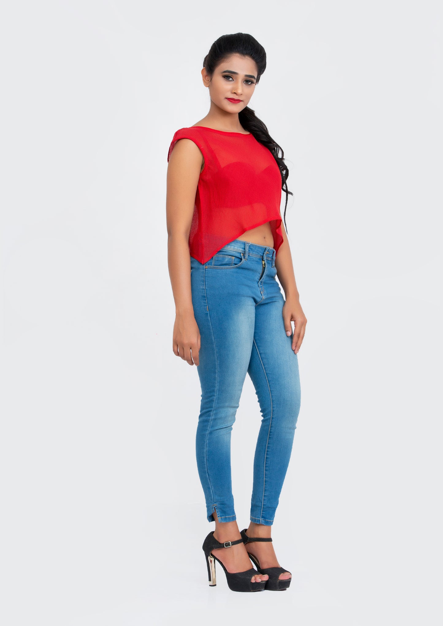 Red Cotton Net flare Crop Top