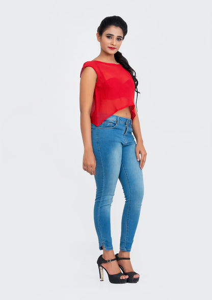 Red Cotton Net flare Crop Top