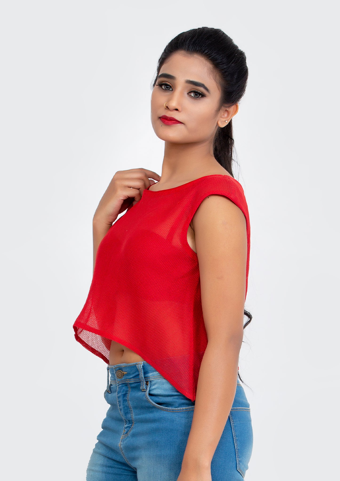 Red Cotton Net flare Crop Top