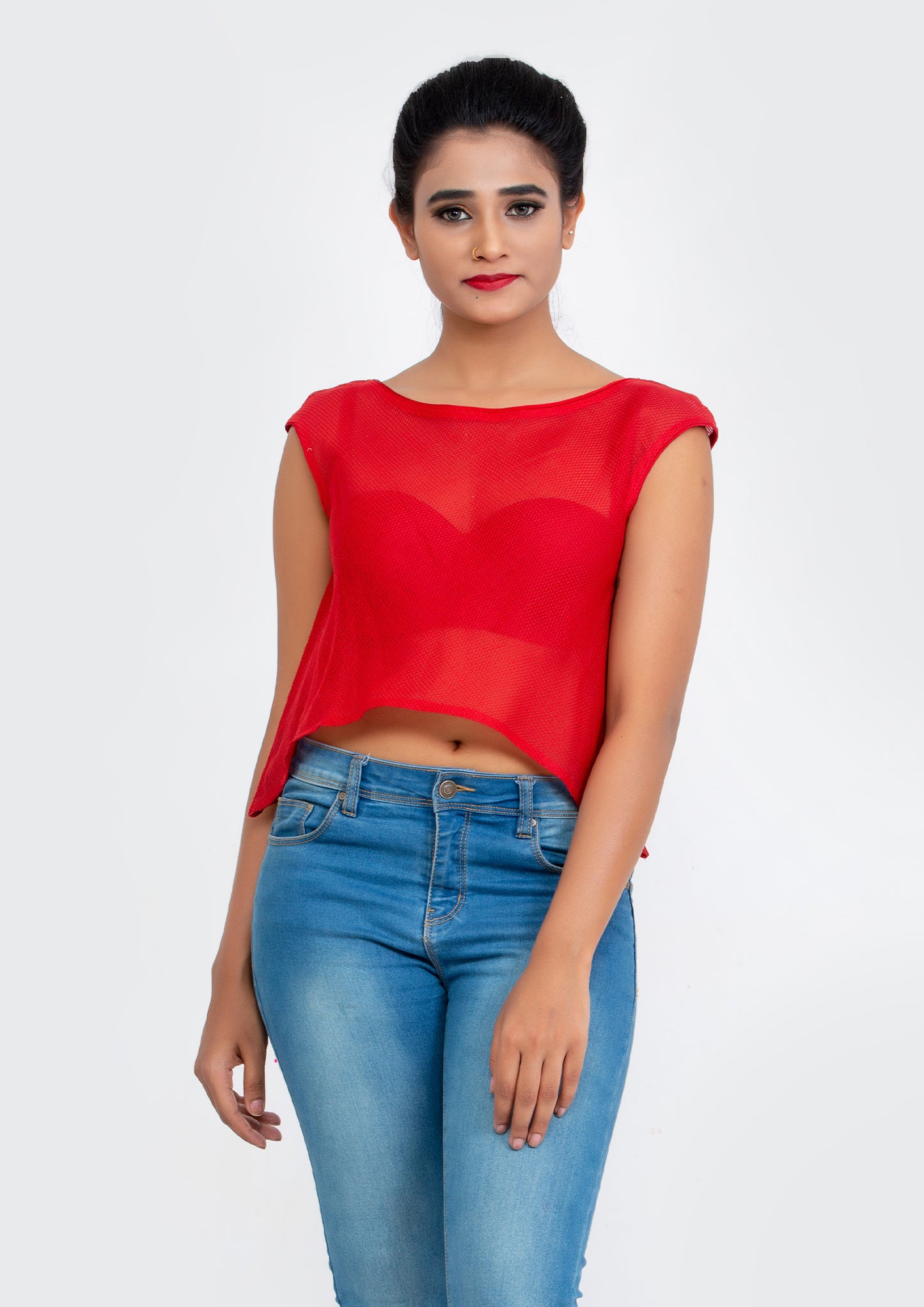Red Cotton Net flare Crop Top