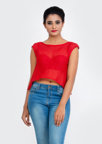 Red Cotton Net flare Crop Top