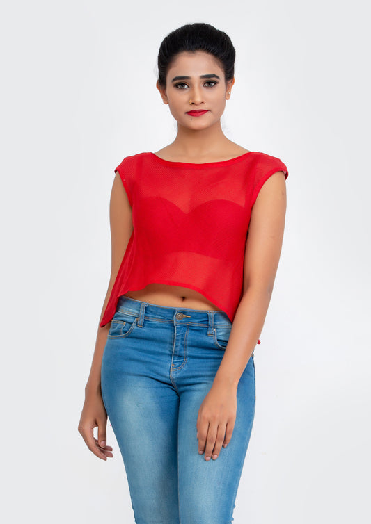 Red Cotton Net flare Crop Top