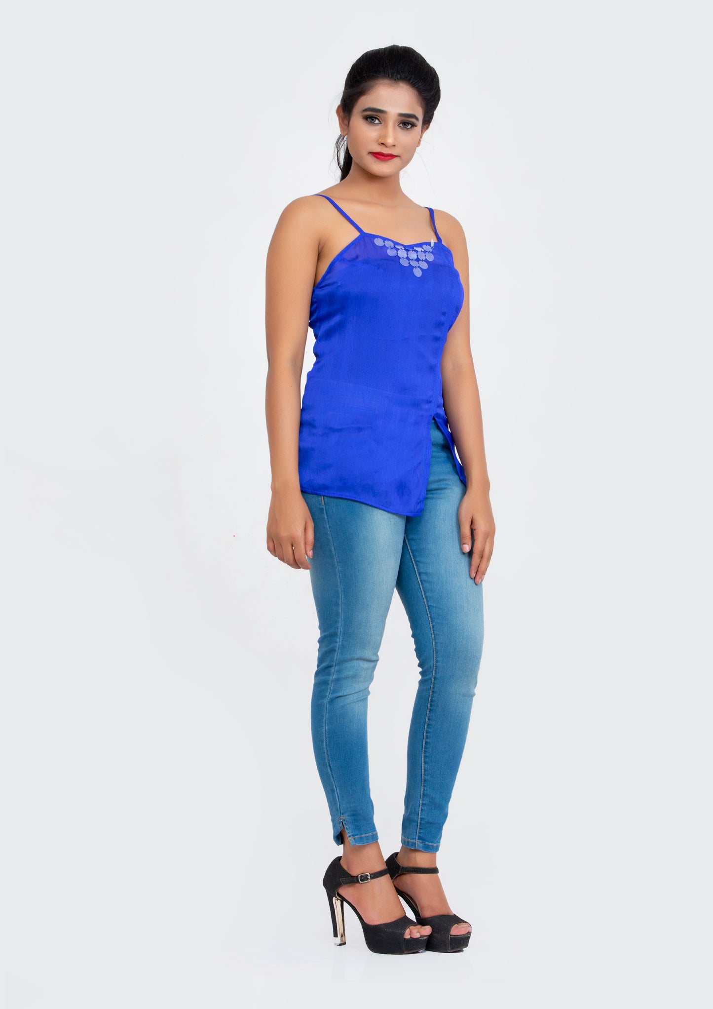Blue spaghetti polyester Top with neck sequins design