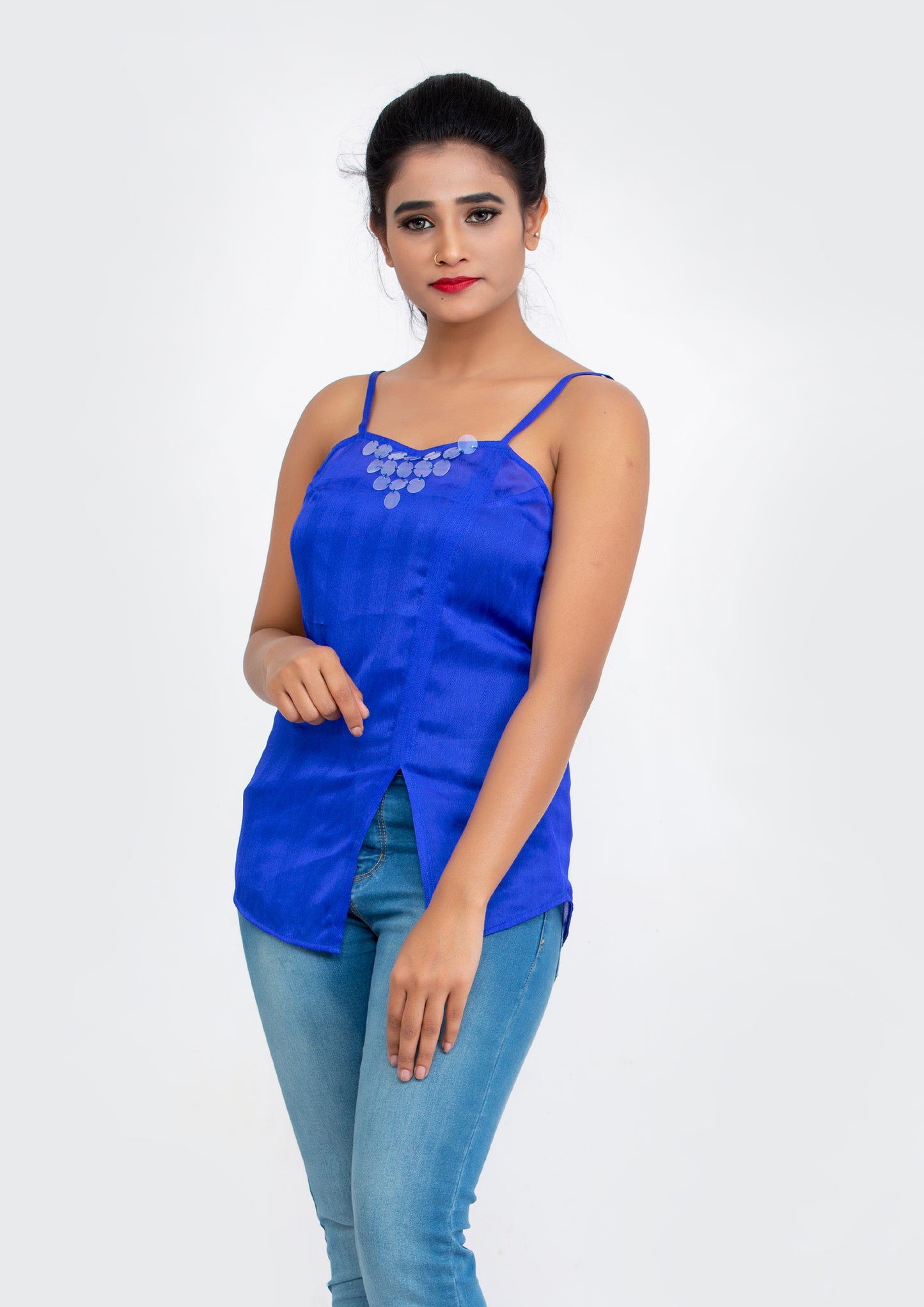 Blue spaghetti polyester Top with neck sequins design