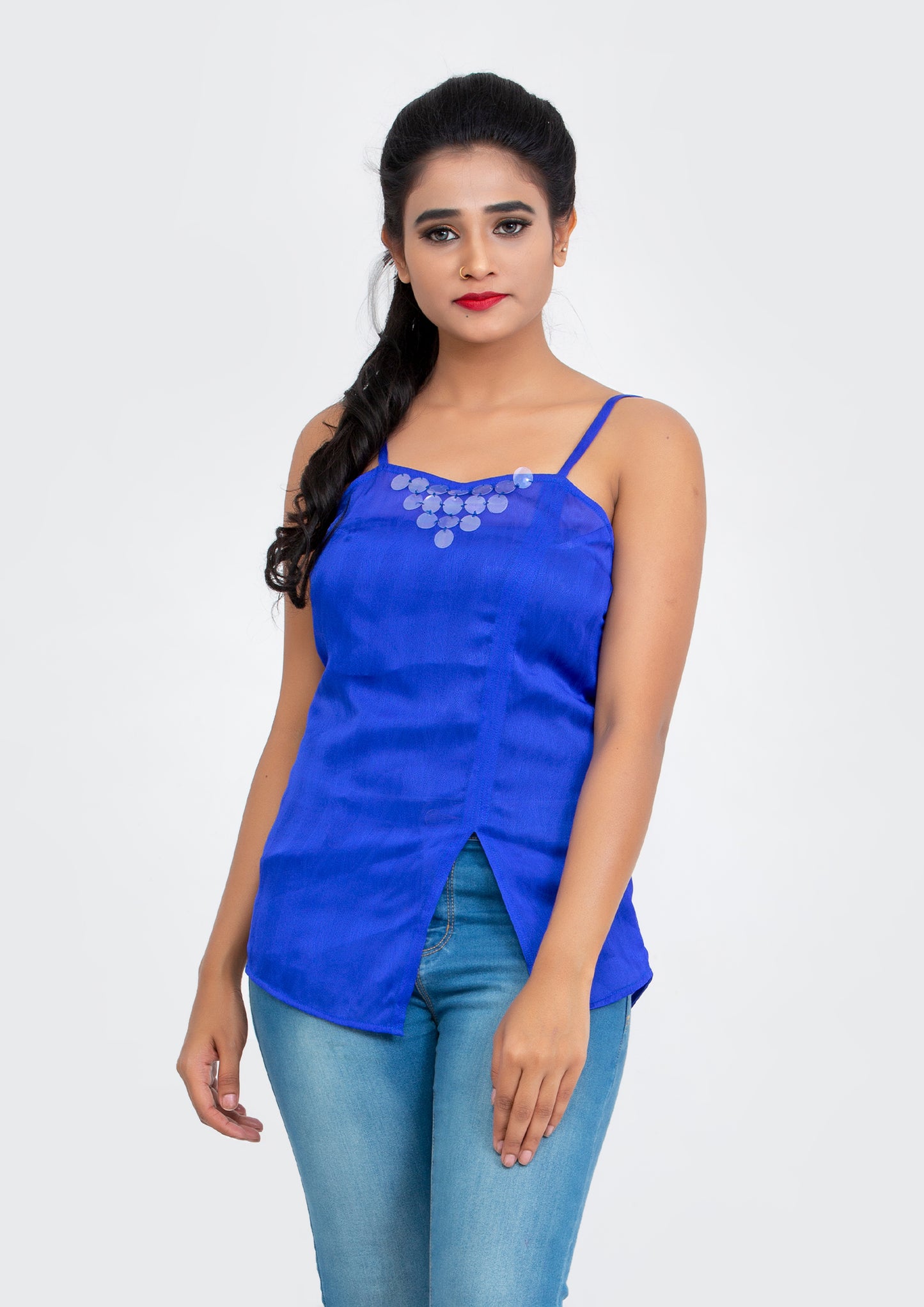 Blue spaghetti polyester Top with neck sequins design