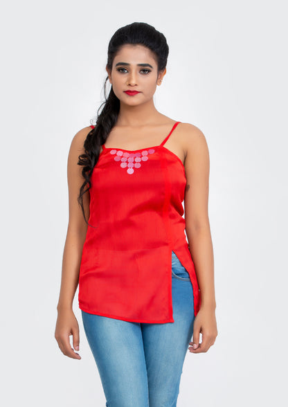 Cherry Red spaghetti polyester Top with neck sequins design