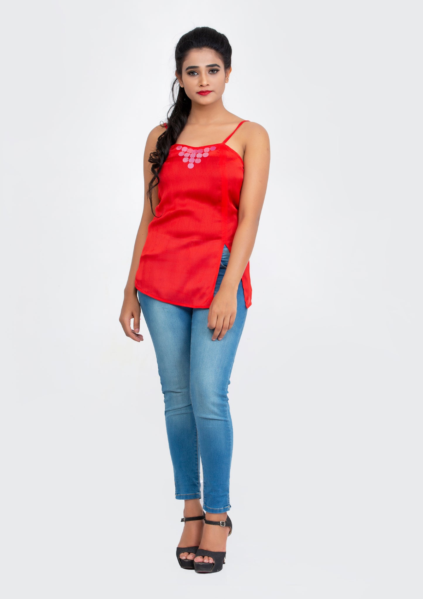 Cherry Red spaghetti polyester Top with neck sequins design